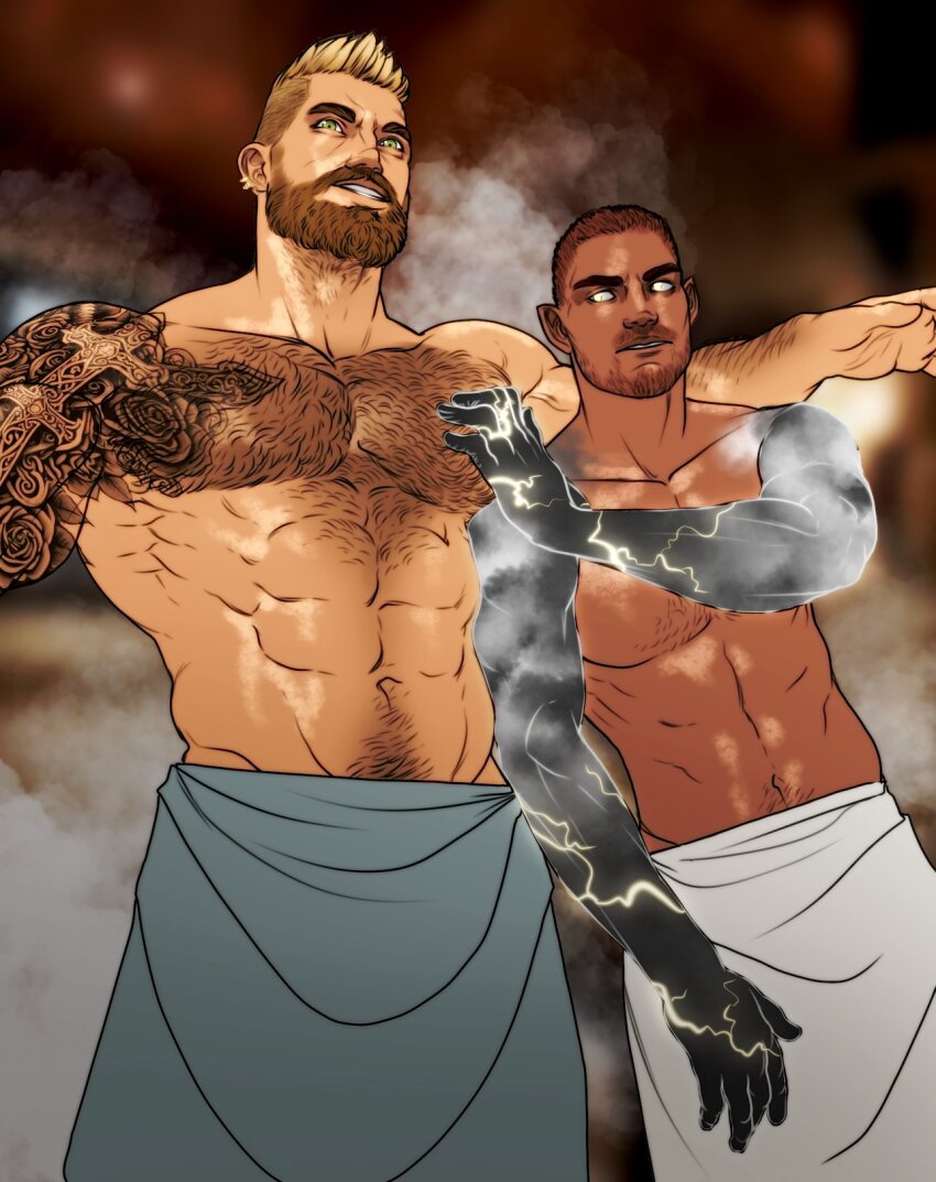 2boys, abs, bara, beard, beard_stubble, black_skin, blonde_hair, buzz_cut