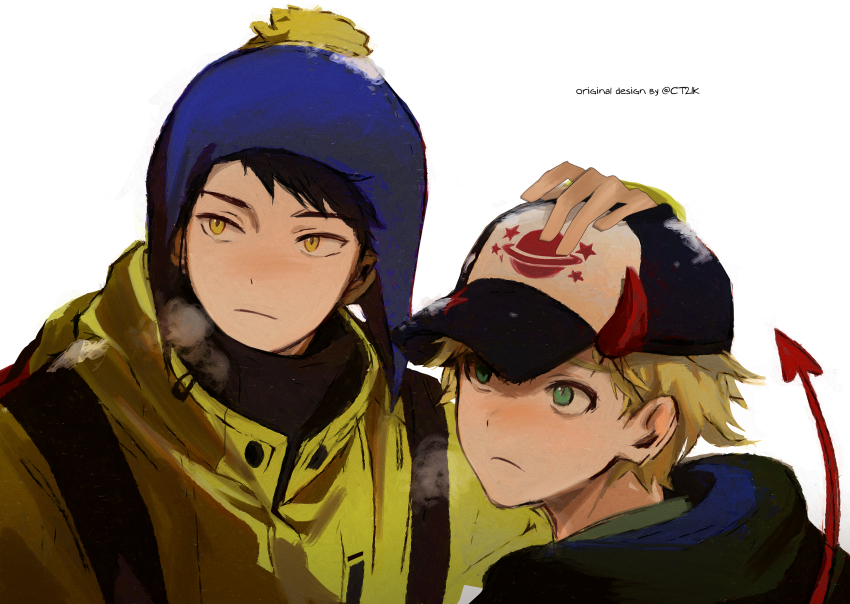 2boys, absurdres, animification, baseball_cap, black_hair, breath, chullo, commentary