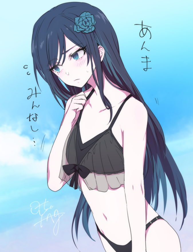1girl, ado_(utaite), bikini, black_bikini, blue_eyes, blue_flower, blue_rose, blush, chando_(ado), closed_mouth, collarbone, colored_inner_hair, commentary, cowboy_shot, flat_chest, flower, in_flower, long_hair, mole, mole_under_eye, multicolored_hair, navel, ohiyaglass, rose, sidelocks, solo, stomach, sweatdrop, swimsuit, translation_request, utaite