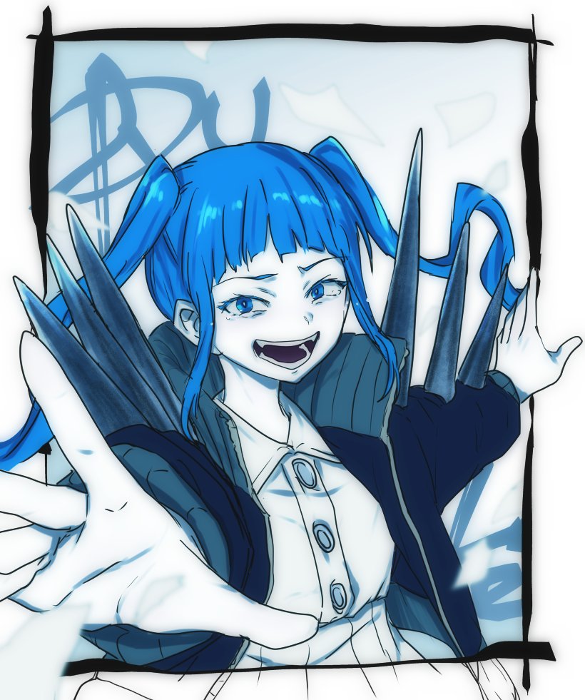 1girl, ado_(utaite), blue_eyes, blue_hair, border, collared_dress, commentary, dress, long_hair, looking_at_viewer, ohiyaglass, open_mouth, outside_border, reaching, reaching_towards_viewer, rule-chan_(ado), rule_(ado), sidelocks, solo, teeth, twintails, upper_body, white_border, white_dress