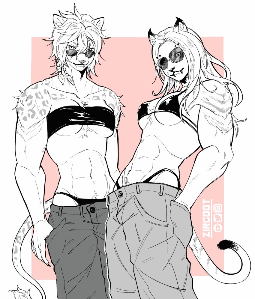 2girls, abs, animal_ears, bikini, final_fantasy, final_fantasy_xiv, furry, furry_female, hands_in_pockets, highres, hrothgar, lion_ears, lion_tail, long_hair, looking_at_viewer, multiple_girls, muscular, muscular_female, original, pants, partially_colored, short_hair, sunglasses, swimsuit, tail, zircoot