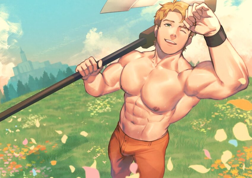 1boy, abs, arm_up, armpits, axe, bara, biceps, boucheron_(fire_emblem), brown_hair, bulge, fire_emblem, fire_emblem_engage, flower, grass, green_eyes, holding, holding_axe, large_pectorals, male_focus, navel, nintendo, nipples, one_eye_closed, orange_pants, outdoors, pants, pectorals, petals, sai_(serialmilq), short_hair, solo, sweat, topless_male