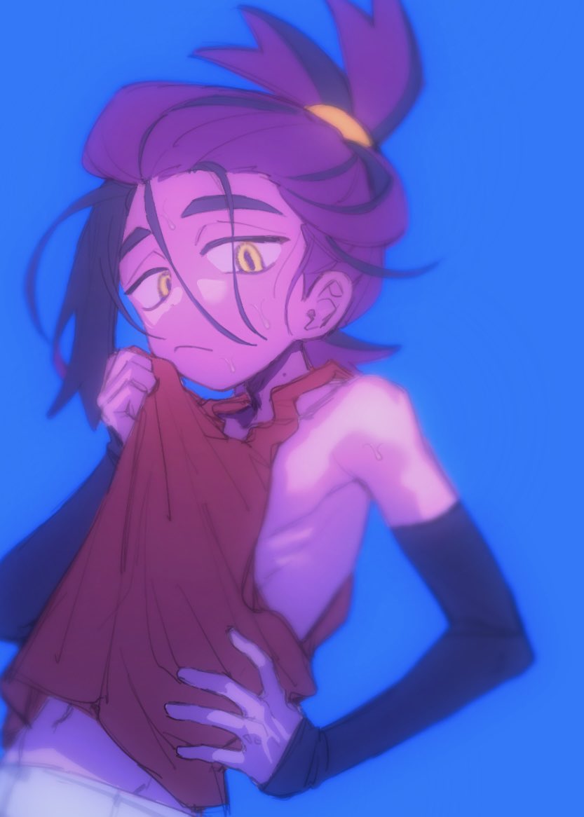 1boy, arm_warmers, black_hair, blue_background, closed_mouth, commentary, hair_between_eyes, hand_on_own_hip