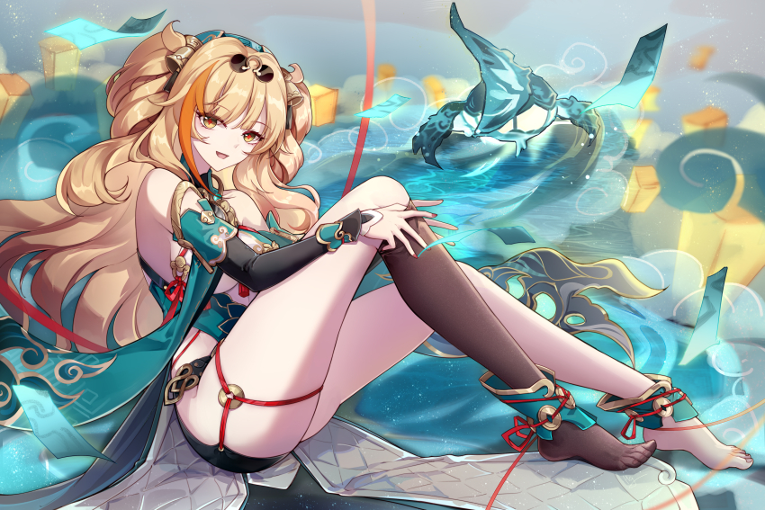 1girl, absurdres, bare_shoulders, barefoot, bell, black_thighhighs, blonde_hair, chinese_clothes