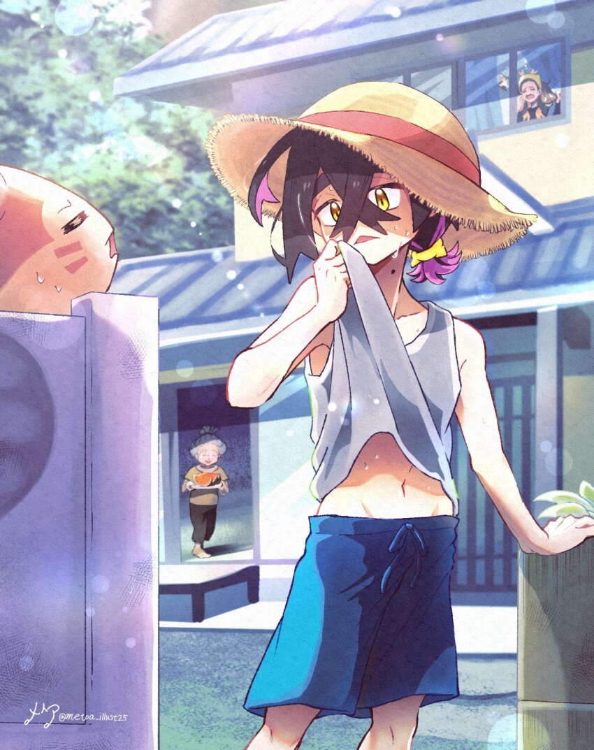 1boy, 2girls, black_hair, blue_shorts, carmine_(pokemon), closed_eyes, crossed_bangs, day, food, fruit, furret, gen_2_pokemon, grey_hair, grey_tank_top, hair_between_eyes, hairband, hat, hideko_(pokemon), highres, kieran_(pokemon), male_focus, metoa, mole, mole_on_neck, multiple_girls, nintendo, open_mouth, outdoors, pokemon, pokemon_(creature), pokemon_scarlet_and_violet, purple_hair, red_hair, shorts, straw_hat, sweat, tank_top, watermelon, watermelon_slice, yellow_eyes, yellow_hairband