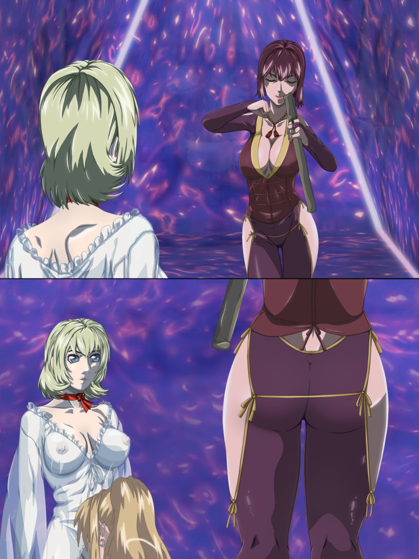 1futa, 3girls, ass, ass_focus, bible_black, bible_black_new_testament, blonde_hair, breasts, cleavage, closed_eyes, curvy, dancing, dress, earrings, futanari, green_eyes, highres, implied_fellatio, jewelry, jody_crowley, large_breasts, long_hair, magic, meme, multiple_girls, nightgown, nipples, ponytail, red_eyes, saeki_kaori, see-through_clothes, see-through_dress, shikairo_days_dance_(meme), shin_bible_black, short_hair, smile, takashiro_hiroko, tight_clothes, white_dress, witch