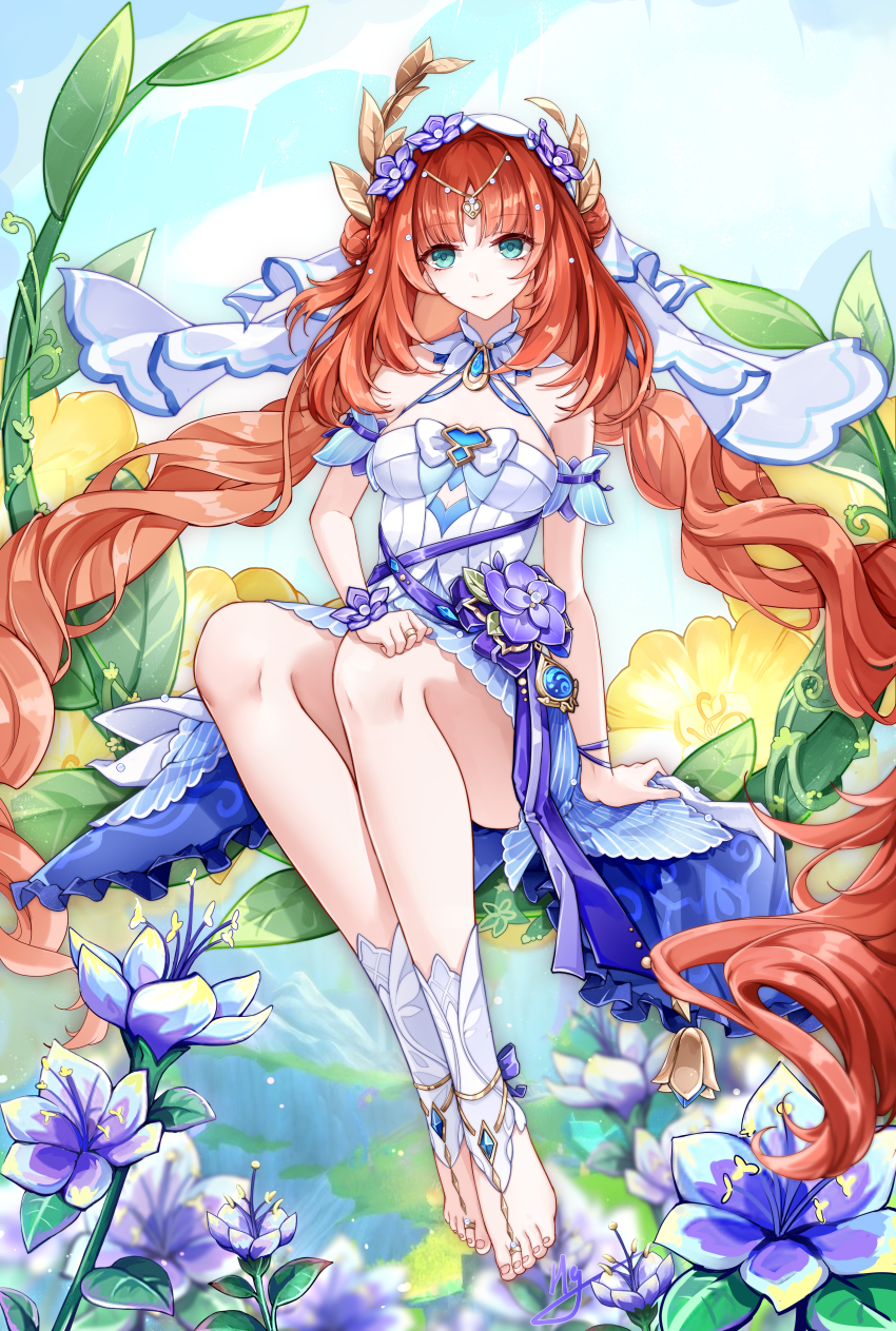 1girl, absurdres, aqua_eyes, blue_dress, blue_gem, closed_mouth, detached_collar, detached_sleeves