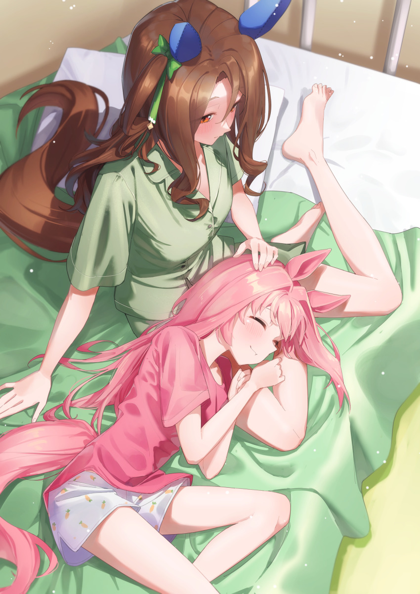 2girls, absurdres, alternate_costume, alternate_hairstyle, animal_ears, barefoot, breasts, brown_hair