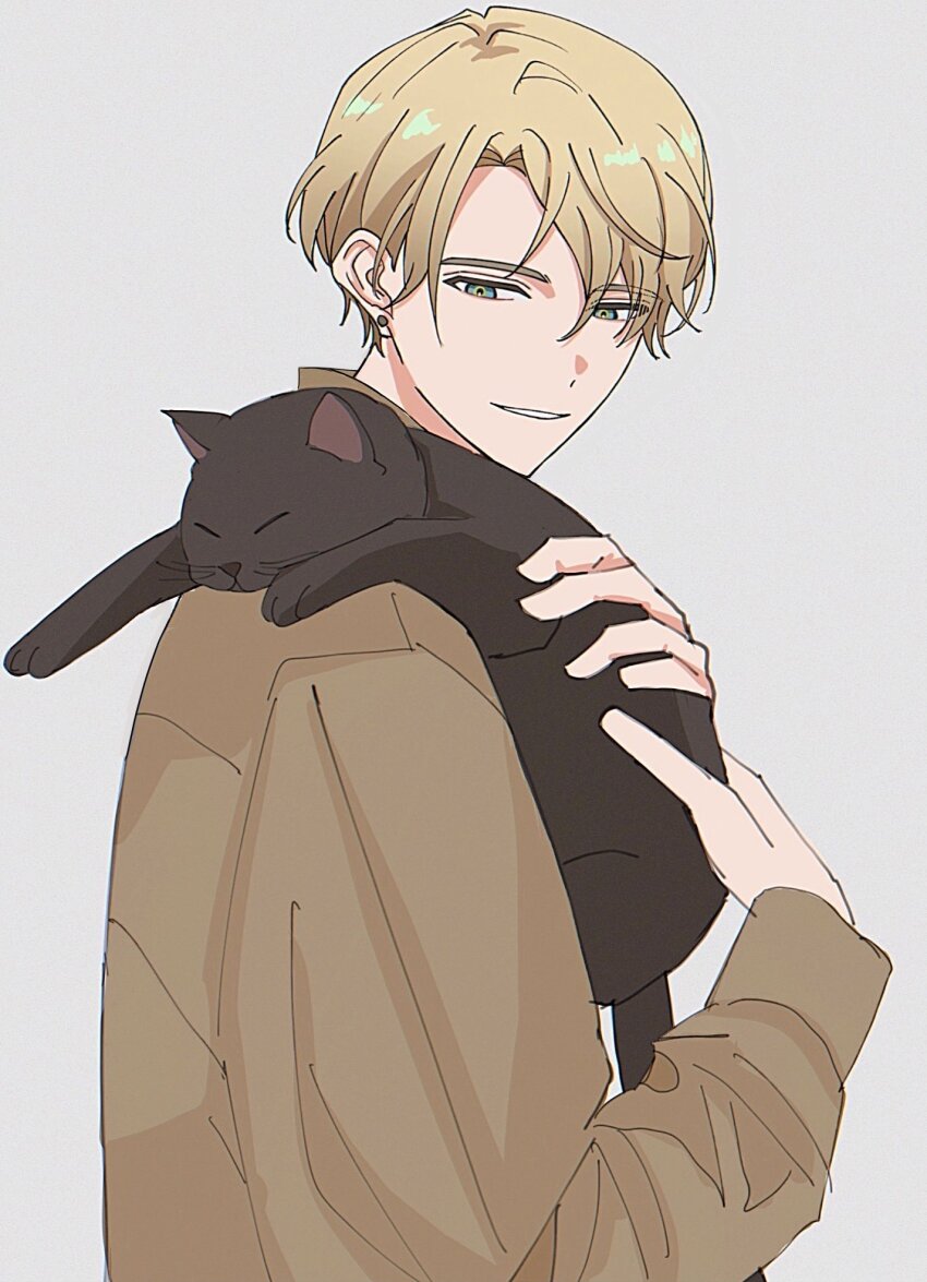 18trip, 1boy, animal, animal_ears, animal_on_shoulder, black_cat, blonde_hair, brown_jacket