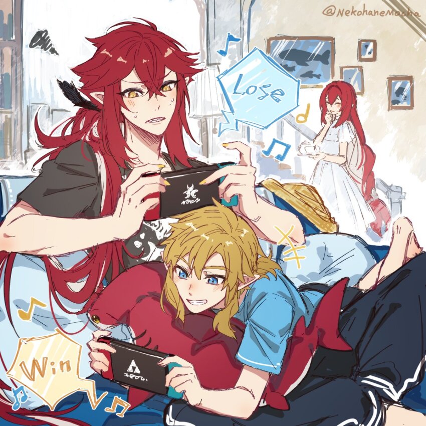 1girl, 2boys, absurdly_long_hair, arms_up, barefoot, black_pants, black_shirt, black_shorts