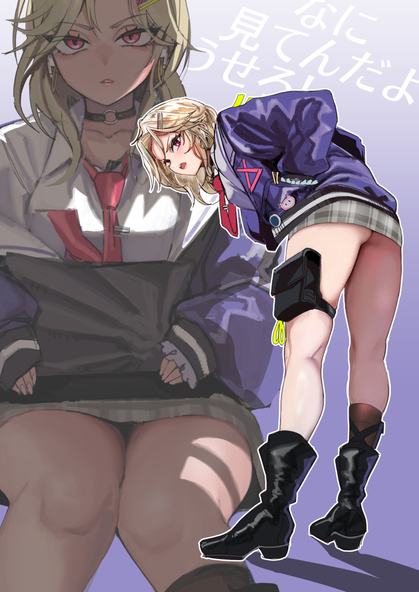 1girl, absurdres, ass, black_choker, black_footwear, blonde_hair, boots, choker