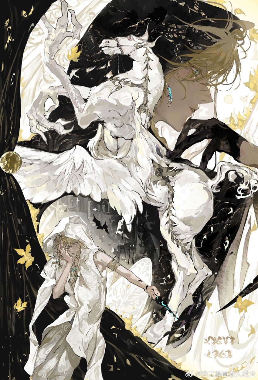 1boy, animal, armlet, black_gloves, blonde_hair, blue_eyes, cowboy_shot, earrings