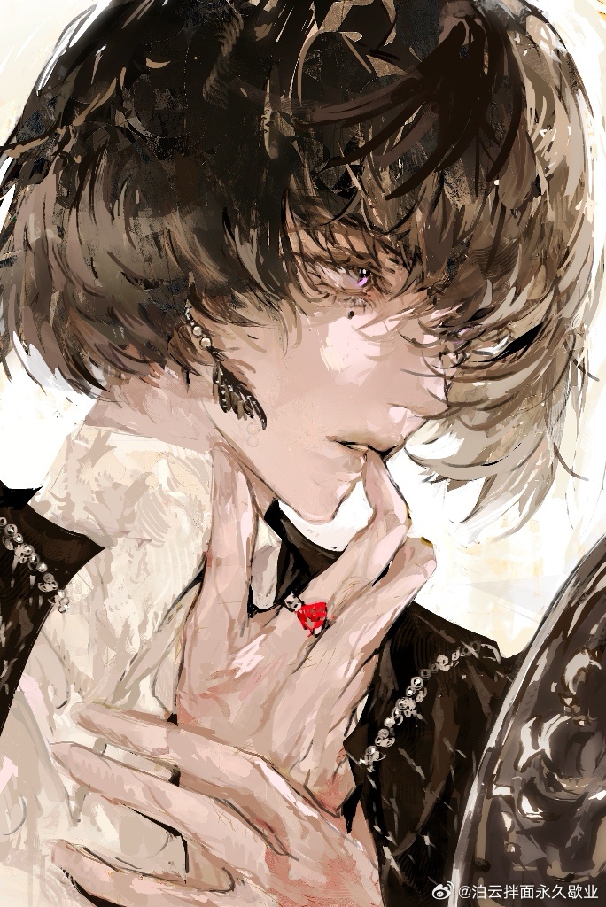 1boy, black_hair, blunt_bangs, earrings, expressionless, eyelashes, finger_to_mouth, floating_earrings, jacket, jewelry, lips, looking_ahead, male_focus, mole, mole_under_eye, naaacn, original, parted_lips, purple_eyes, ring, shirt, short_hair, simple_background, solo, upper_body, watermark, weibo_watermark, white_background, white_shirt