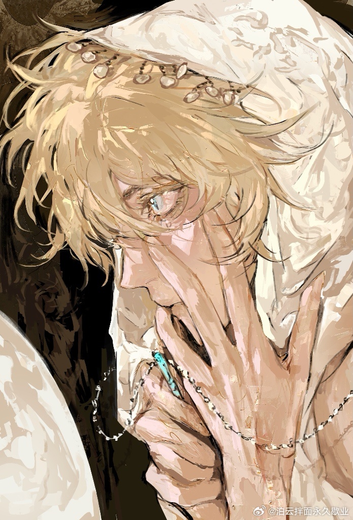 1boy, blonde_hair, blue_eyes, closed_mouth, colored_eyelashes, expressionless, eyelashes, fingernails, hair_between_eyes, hand_on_own_face, holding, holding_jewelry, holding_necklace, hood, hood_up, jewelry, lips, looking_at_mirror, looking_at_object, male_focus, mirror, naaacn, necklace, original, short_hair, solo, upper_body, watermark, weibo_watermark