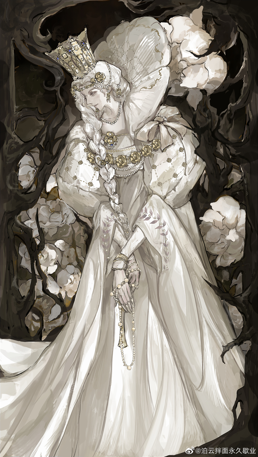 1girl, absurdres, bead_necklace, beads, bow, bracelet, braid, crown