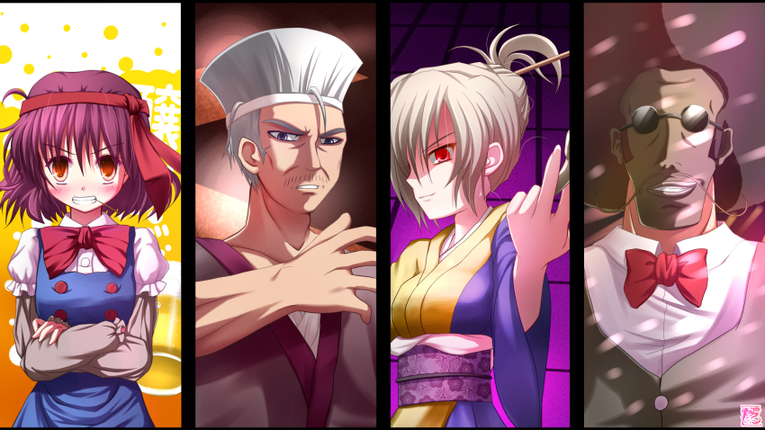 2boys, 2girls, afro, amakasu_barley_tenji, arie_rumi, asama_isami, column_lineup, glasses