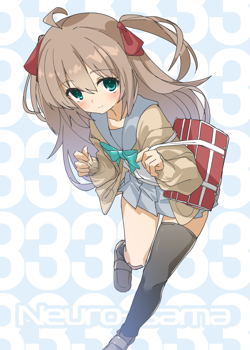 absurdres, ahoge, bag, black_thighhighs, brown_hair, brown_shirt, brown_shoes, closed_mouth, commentary_request, cosgaso, green_eyes, green_ribbon, highres, indie_virtual_youtuber, long_hair, long_sleeves, looking_at_viewer, neuro-sama, pleated_skirt, ribbon, sailor_collar, shirt, shoes, short_twintails, shoulder_bag, single_thighhigh, skirt, smile, solo, standing, standing_on_one_leg, thighhighs, twintails, virtual_youtuber, white_sailor_collar, white_skirt