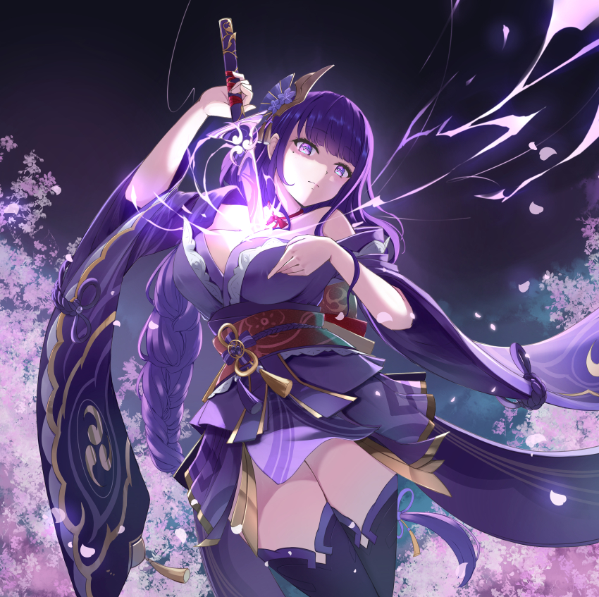 1girl, absurdres, alternate_color, blunt_bangs, boots, braid, breasts, cherry_blossoms