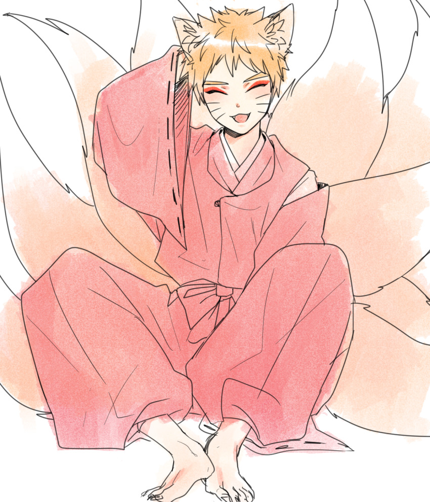 1boy, :3, animal_ear_fluff, animal_ears, arm_behind_head, barefoot, blonde_hair, closed_eyes