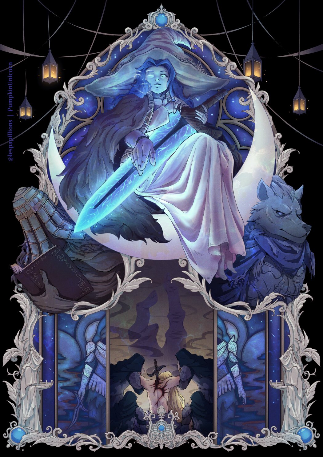 3boys, 5girls, barefoot, black_knife_assassin, blaidd_the_half-wolf, blonde_hair, blue_hair, blue_skin