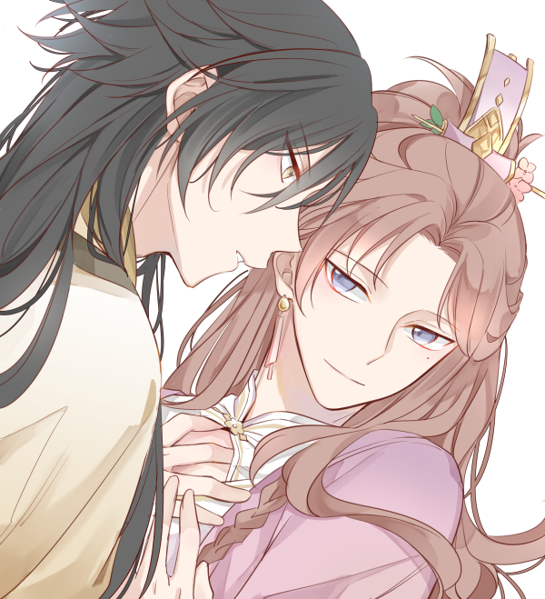 2boys, black_hair, chinese_clothes, cleavage_cutout, closed_mouth, clothing_cutout, coat, earrings