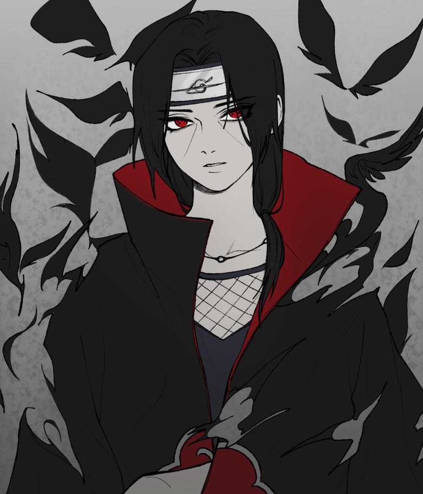 1boy, akatsuki_uniform, bird, coat, collarbone, crow, dissolving, forehead_protector