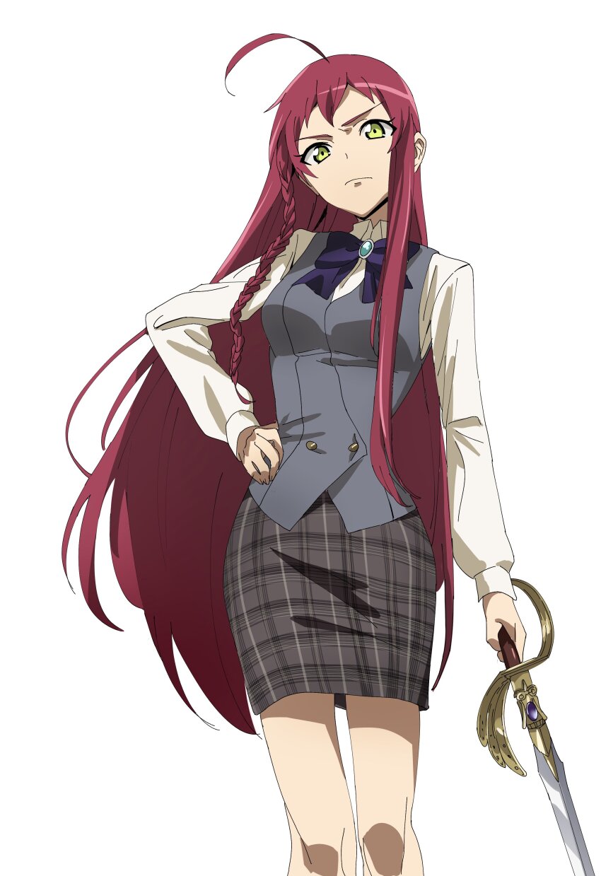 1girl, absurdres, bow, bowtie, green_eyes, hataraku_maou-sama!, highres, holding, holding_weapon, long_hair, office_lady, red_hair, shirt, skirt, sword, vest, weapon, white_background, white_shirt, wqdofjpeqs63235, yusa_emi