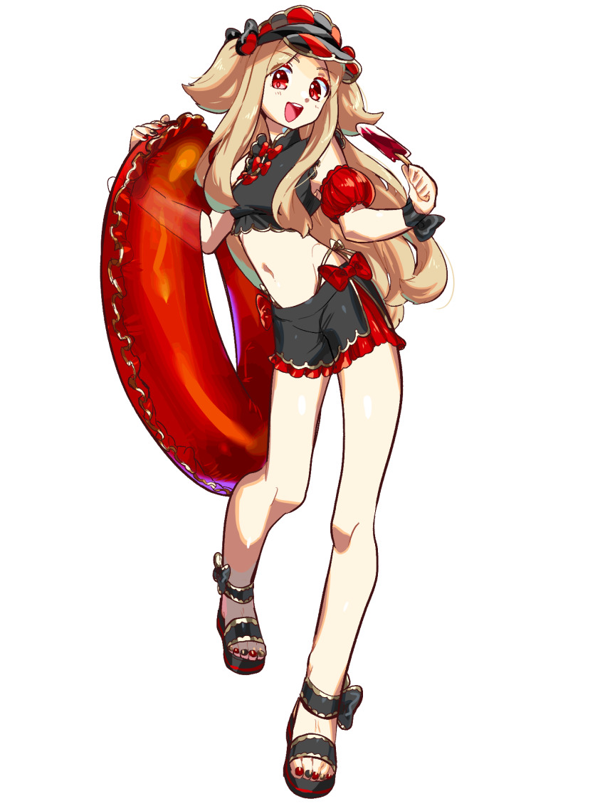 1girl, :d, bad_anatomy, bad_leg, bikini, black_nails, blonde_hair, bow, dairoku_ryouhei, food, hair_ornament, hat, highres, holding, holding_food, holding_popsicle, holding_swim_ring, inflatable_armbands, innertube, kamota_kamosuke, lilia_ortolan, long_hair, looking_at_viewer, midriff, navel, open_mouth, popsicle, red_bow, red_eyes, red_nails, sandals, side-tie_bikini_bottom, smile, solo, swim_ring, swimsuit, transparent_background, very_long_hair