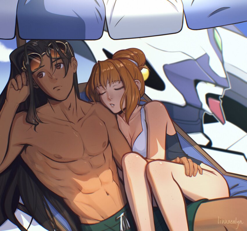 1boy, 1girl, abs, black_hair, breasts, brown_eyes, cleavage, closed_eyes