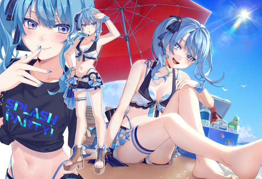 1girl, absurdres, barefoot, beach, beach_umbrella, belt, bikini, bikini_bottom_under_shorts