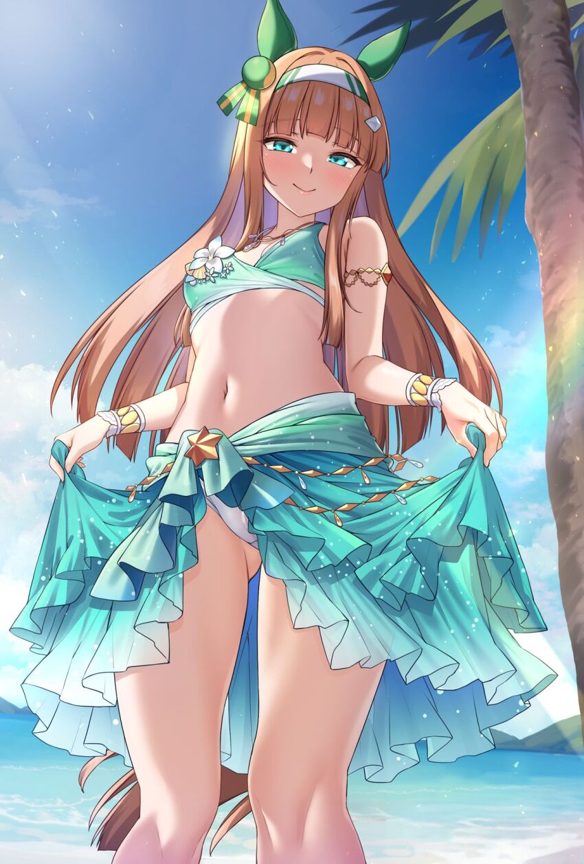 1girl, animal_ears, beach, blue_eyes, breasts, closed_mouth, commentary_request, hair_between_eyes