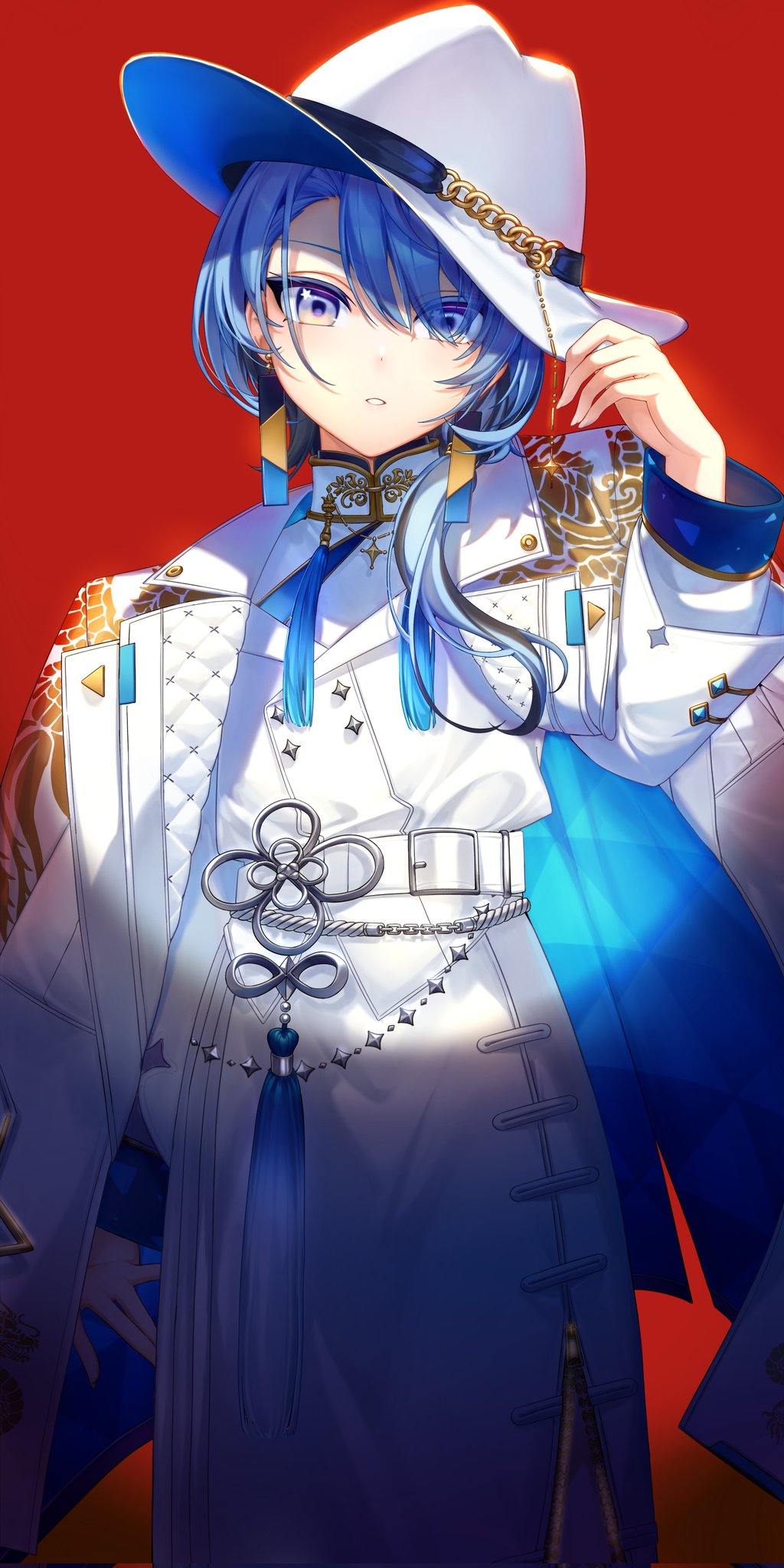 1girl, blue_eyes, blue_hair, coat, earrings, esther_mini, fedora, hair_over_shoulder