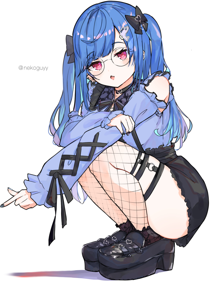 1girl, aqua_hair, ass, barbell_piercing, black_bow, black_bowtie, black_choker, black_nails