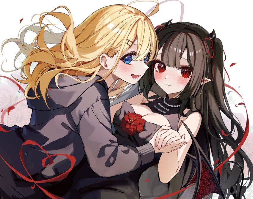 2girls, ahoge, black_dress, black_hair, blonde_hair, blue_eyes, blush, breasts