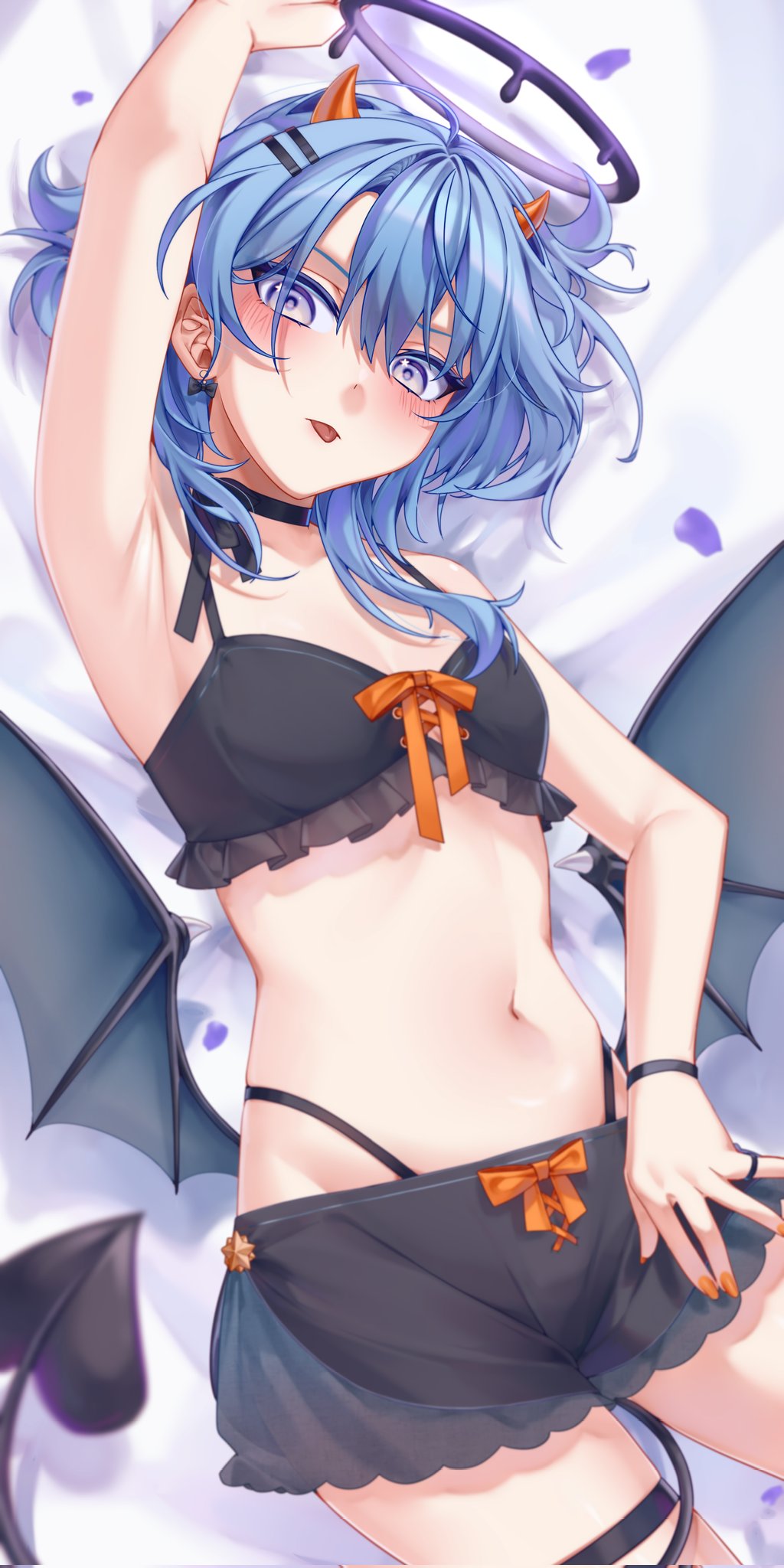 1girl, arm_up, armpits, bed_sheet, bikini, bikini_bottom_under_shorts, bikini_under_clothes, black_bikini, blue_eyes, blue_hair, blush, breasts, choker, demon_horns, demon_tail, demon_wings, esther_mini, frills, hair_ornament, hairclip, halo, highres, hololive, horns, hoshimachi_suisei, looking_at_viewer, lying, melting_halo, navel, on_back, orange_nails, shorts, small_breasts, solo, star_(symbol), star_in_eye, swimsuit, symbol_in_eye, tail, thigh_strap, tongue, tongue_out, virtual_youtuber, wings