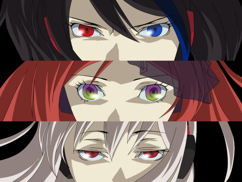 1boy, 2girls, angry, atlus, black_hair, blue_hair, bored, column_lineup