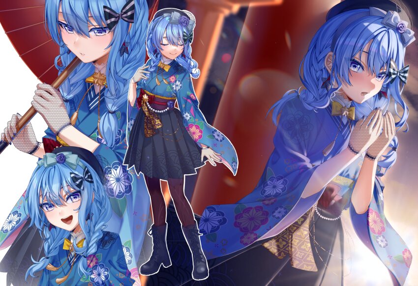 1girl, absurdres, blue_eyes, blue_hair, blue_kimono, blue_nails, blush, boots