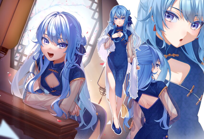 1girl, against_table, bent_over, blue_dress, blue_eyes, blue_hair, blush, breasts, china_dress, chinese_clothes, cleavage_cutout, close-up, clothing_cutout, dress, earrings, esther_mini, from_behind, full_body, hair_between_eyes, hair_bun, hair_ribbon, hand_on_own_chest, high_heels, highres, hololive, hoshimachi_suisei, indoors, jewelry, long_hair, looking_at_viewer, looking_back, multiple_views, open_mouth, ribbon, see-through_clothes, see-through_sleeves, side_slit, single_side_bun, small_breasts, smile, standing, star_(symbol), star_in_eye, symbol_in_eye, virtual_youtuber, white_fur