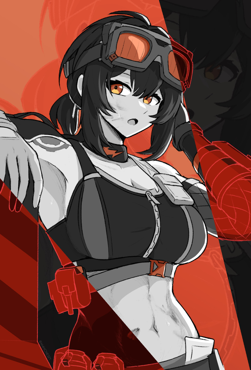 1girl, :o, absurdres, ahoge, arm_pouch, armpits, asymmetrical_gloves, bare_shoulders, black_choker, black_gloves, black_hair, black_sports_bra, breasts, che3zy, choker, cleavage, collarbone, commentary, cowboy_shot, dirty, dirty_face, fishnet_gloves, fishnets, gloves, goggles, goggles_on_head, grace_howard, hair_between_eyes, hand_up, highres, large_breasts, limited_palette, long_hair, looking_at_viewer, midriff, mismatched_gloves, navel, open_mouth, orange_eyes, ponytail, sidelocks, solo, sports_bra, standing, zenless_zone_zero, zipper, zipper_pull_tab, zoom_layer