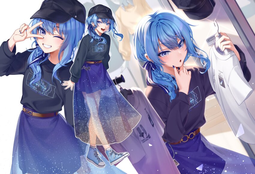 1girl, belt, black_hat, black_shirt, blue_eyes, blue_hair, blue_nails, blue_ribbon