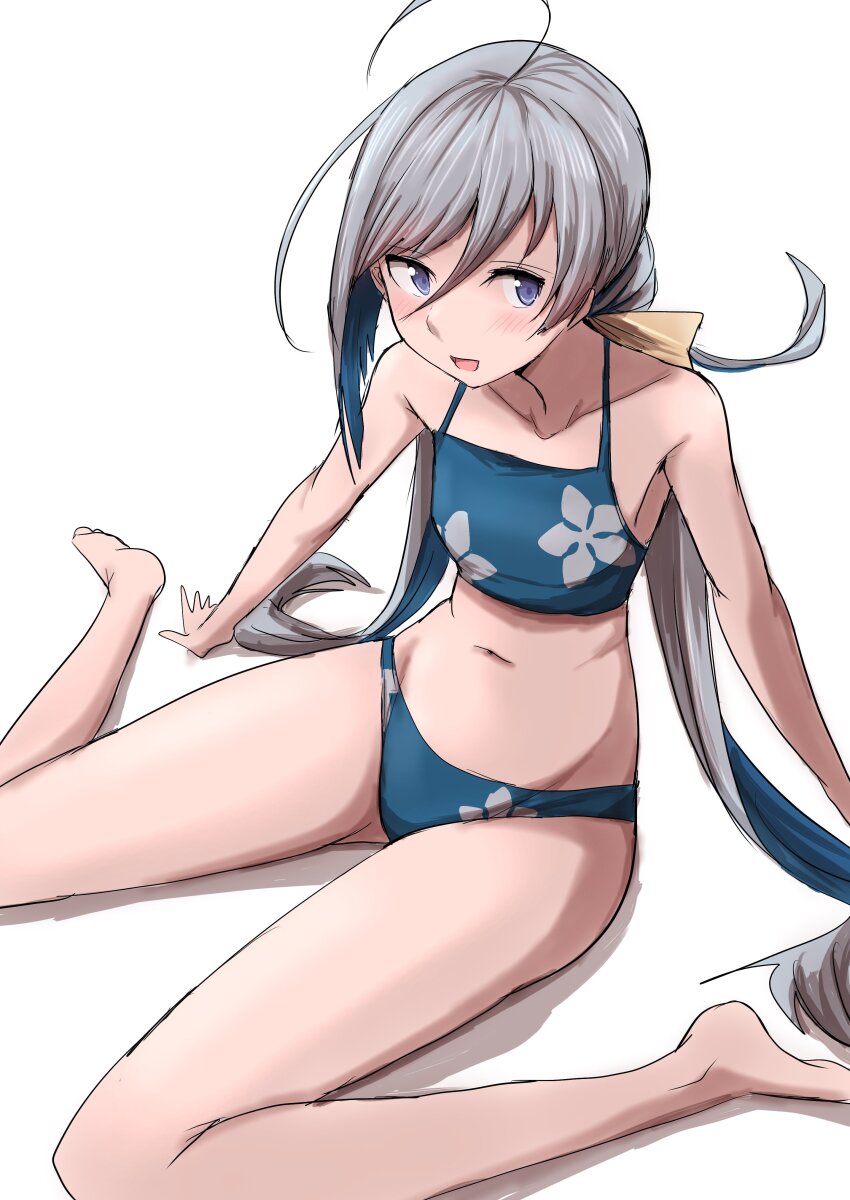 1girl, absurdres, ahoge, bikini, blue_bikini, flat_chest, grey_eyes, grey_hair