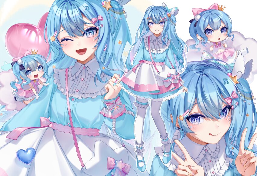 1girl, absurdres, balloon, blue_dress, blue_eyes, blue_footwear, blue_hair, blush