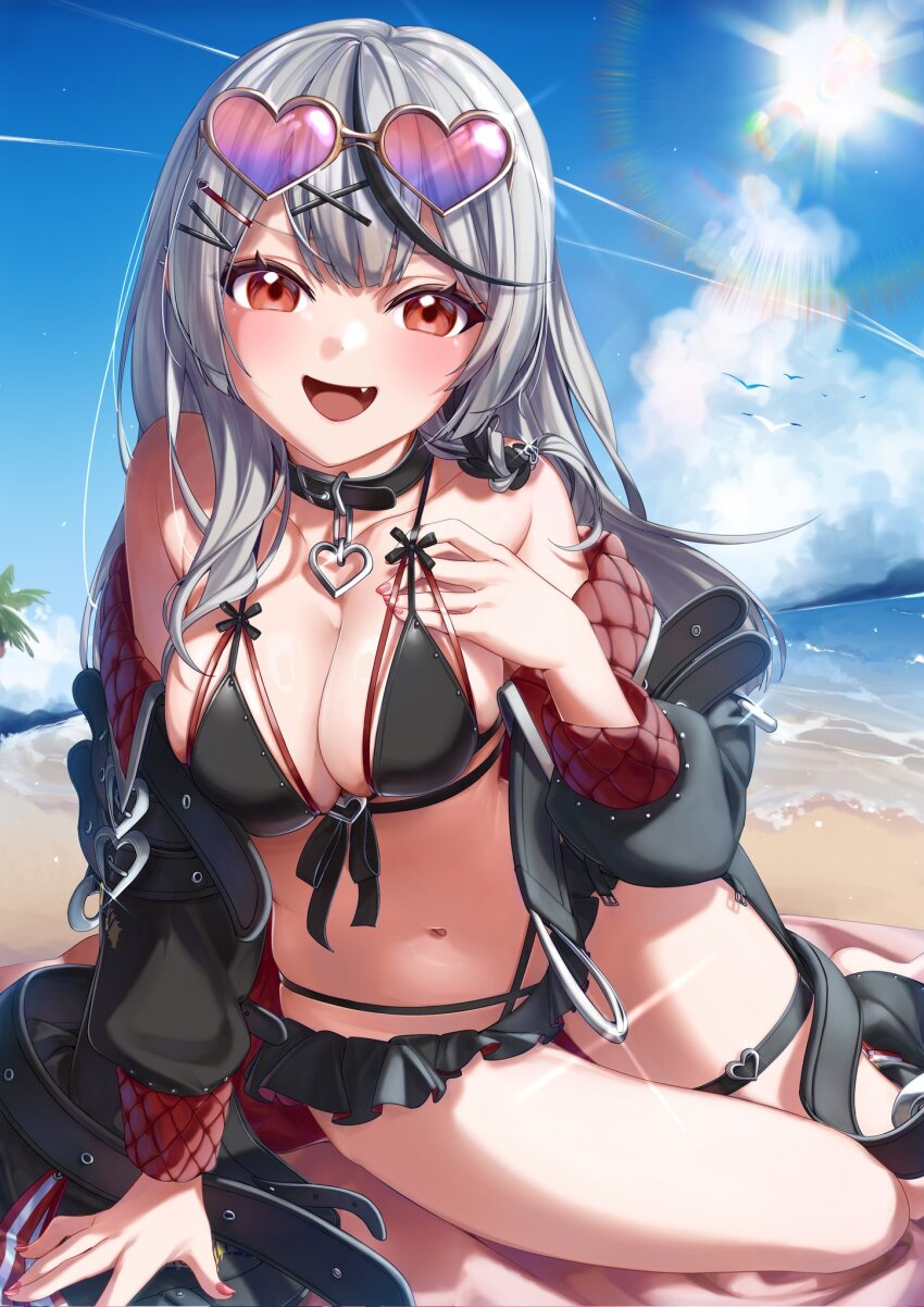 1girl, bare_shoulders, beach, bikini, black_bikini, black_hair, blush, braid