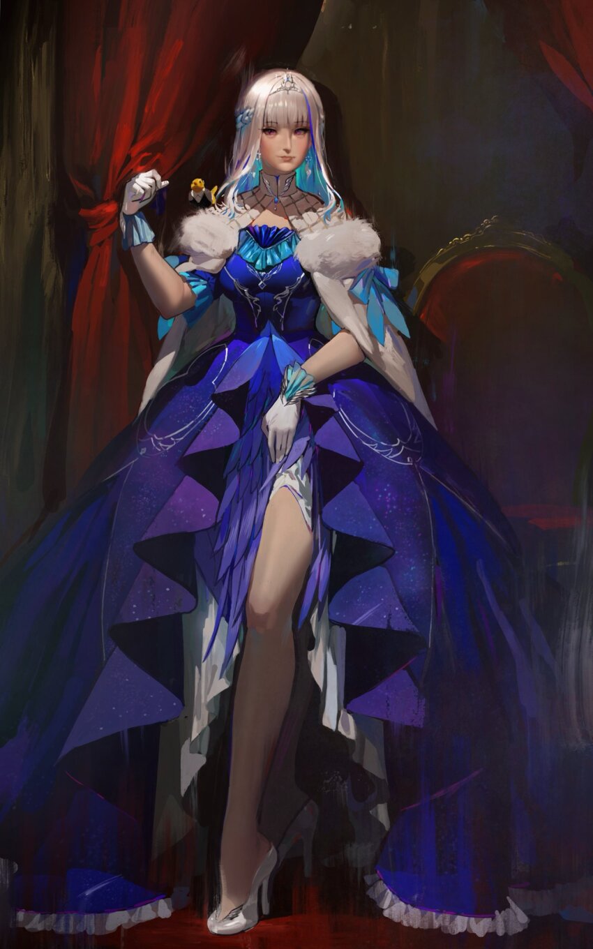 1girl, animal, animal_on_shoulder, baby_animal, bare_legs, bird, bird_on_shoulder, blue_bow, blue_dress, blue_hair, blunt_bangs, bow, braid, cape, chick, closed_mouth, clothed_animal, clothing_cutout, colored_inner_hair, curtains, dress, earrings, evening_gown, frilled_dress, frilled_gloves, frilled_sleeves, frills, front_slit, full_body, fur-trimmed_cape, fur_trim, gloves, half_up_braid, hand_up, high_collar, high_heels, highres, jewelry, kamitoge_supino, layered_dress, lize_helesta, lize_helesta_(3rd_costume), long_dress, long_hair, looking_at_viewer, loose_hair_strand, multicolored_hair, necklace, nijisanji, on_throne, princess, pumps, purple_eyes, quilted_clothes, sebastian_piyodore, shoes, short_sleeves, sidelocks, solo, stiletto_heels, straight_hair, streaked_hair, throne, tiara, two-tone_hair, virtual_youtuber, white_cape, white_gloves, white_hair, white_shoes