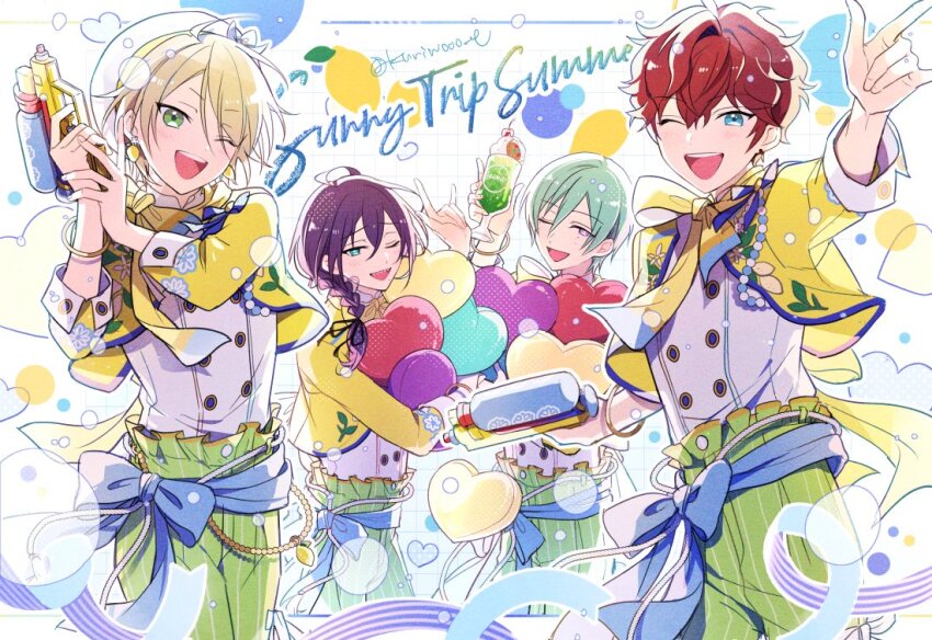 4boys, ;d, amagi_hiiro, arm_up, ayase_mayoi, bishounen, cowboy_shot, cropped_jacket