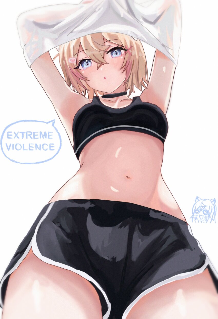 1girl, :o, absurdres, armpits, arms_up, bandaid, bandaid_hair_ornament, black_choker, black_shorts, black_sports_bra, blonde_hair, blue_eyes, choker, collarbone, crossed_bangs, from_below, hair_between_eyes, hair_ornament, highres, hololive, hololive_english, looking_at_viewer, mococo_abyssgard, multicolored_eyes, multicolored_hair, napat, navel, shirt, short_hair, shorts, sidelocks, simple_background, solo, speech_bubble, sports_bra, streaked_hair, thighs, undressing, virtual_youtuber, white_background, white_shirt, x_hair_ornament