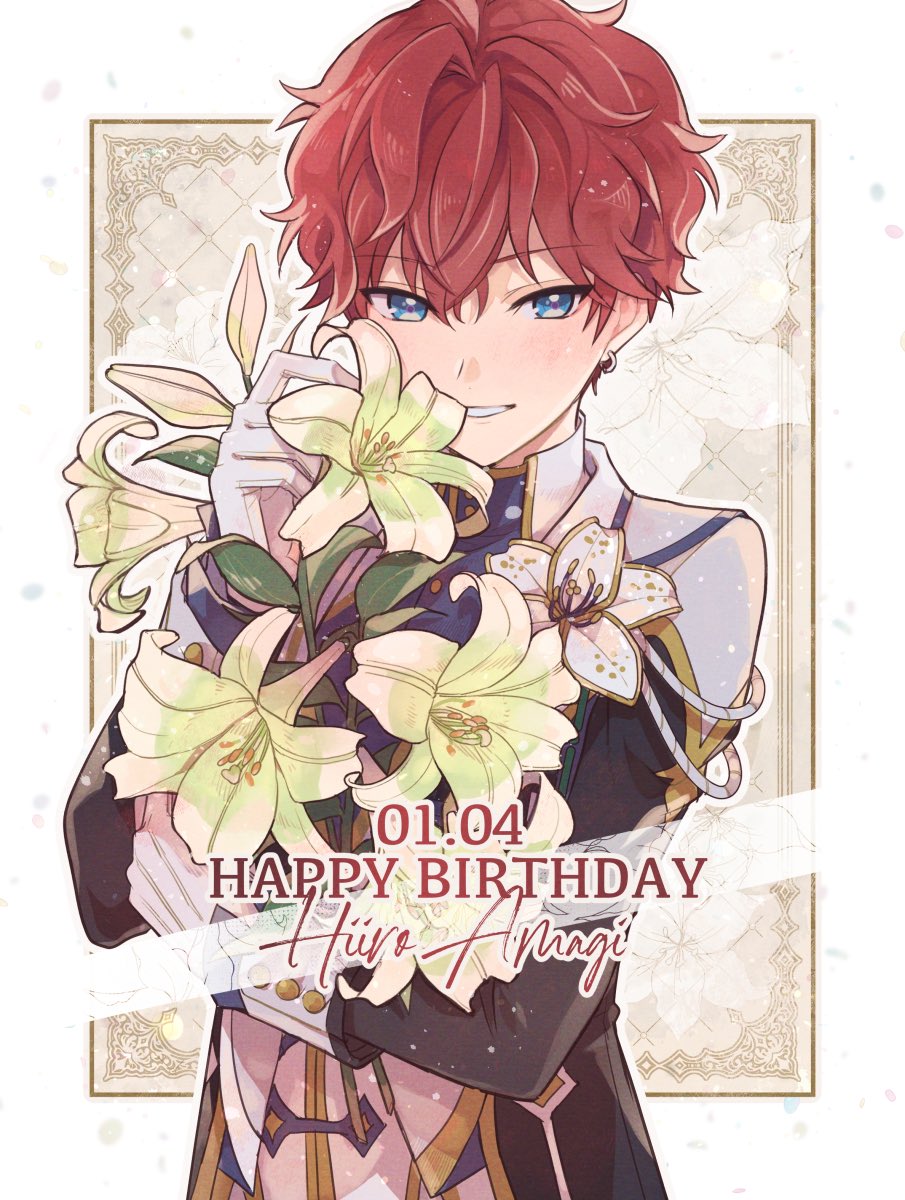 1boy, amagi_hiiro, bishounen, blue_eyes, border, bouquet, character_name, covered_mouth