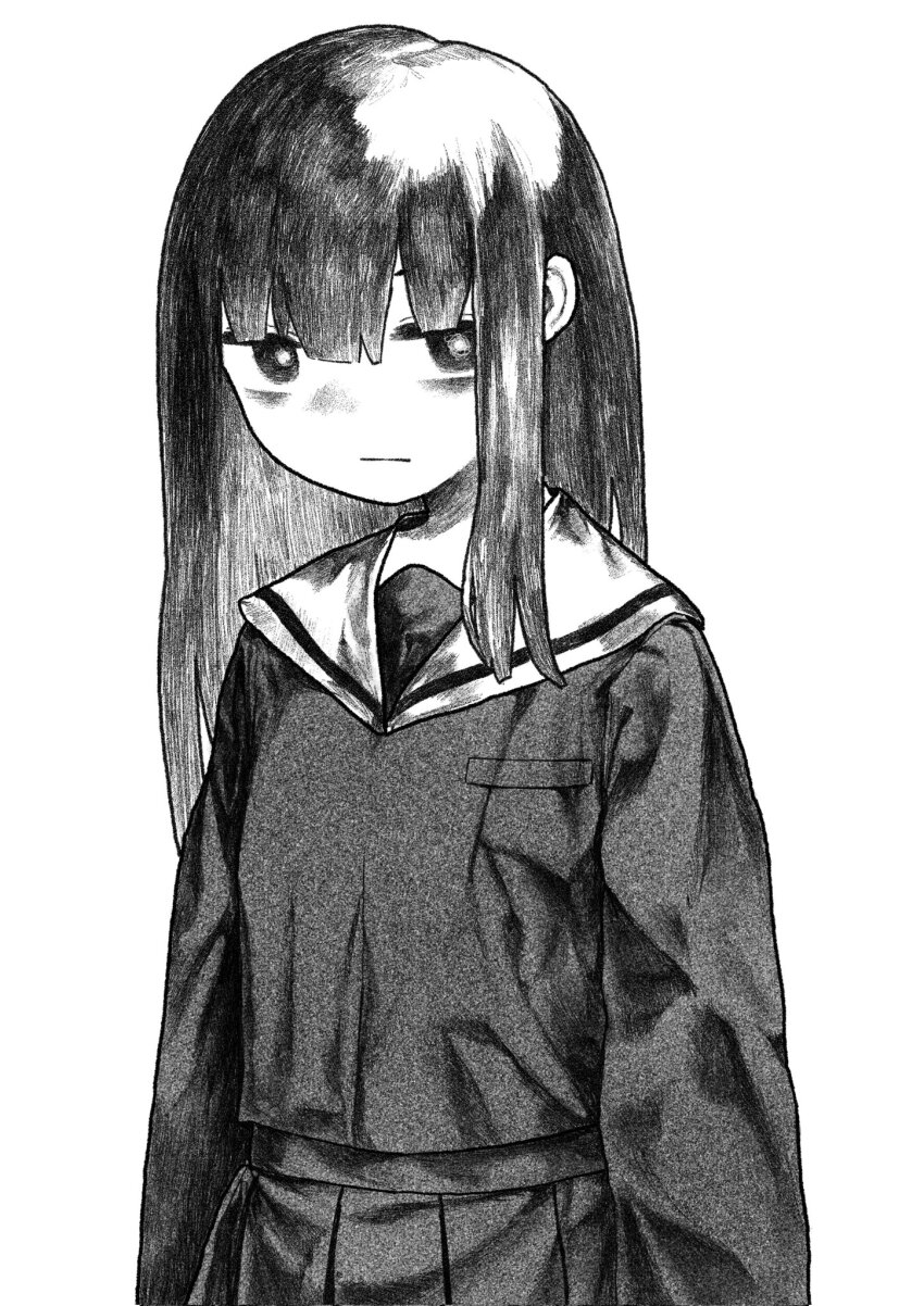 1girl, arms_at_sides, bags_under_eyes, breast_pocket, closed_mouth, greyscale, highres, kilsturgeon, light_frown, long_hair, long_sleeves, looking_at_viewer, monochrome, pleated_skirt, pocket, sailor_collar, school_uniform, serafuku, shoujo_jiten, sidelocks, skirt, solo, standing, tsukumo_kuon, uneven_bangs, upper_body