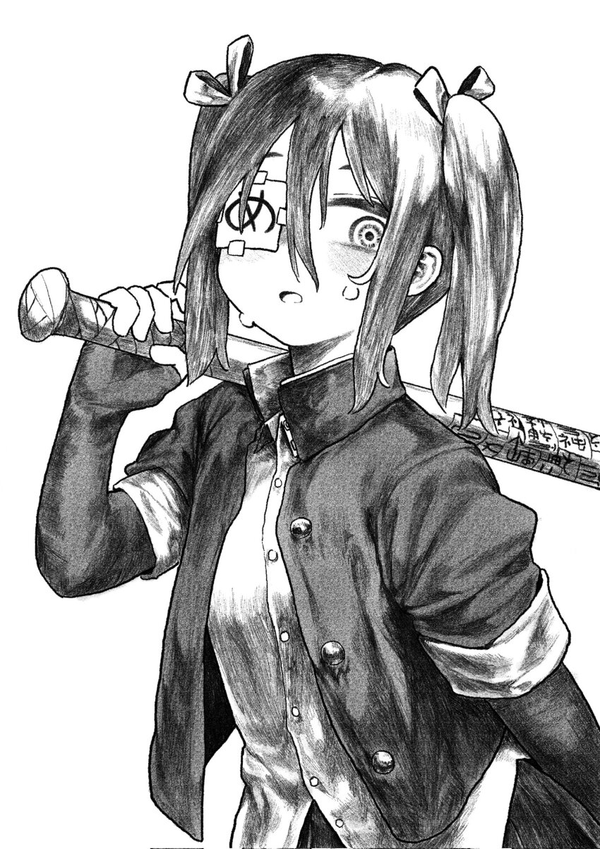 1girl, baseball_bat, blush, dress_shirt, elbow_gloves, eyepatch, fingerless_gloves, gakuran