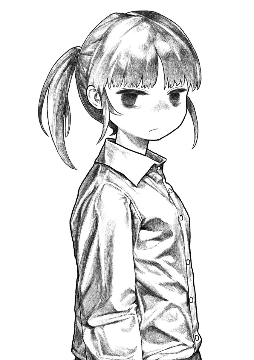 1girl, arms_at_sides, bags_under_eyes, buttons, closed_mouth, collared_shirt, dress_shirt, from_side